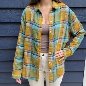 Button-up, Long Sleeved shirt, linen, frayed edge, sz Medium